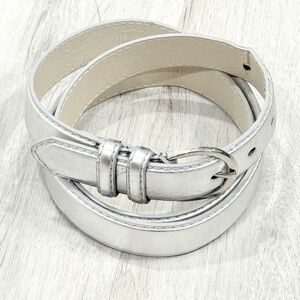 Thin Leather Metallic Silver Belt